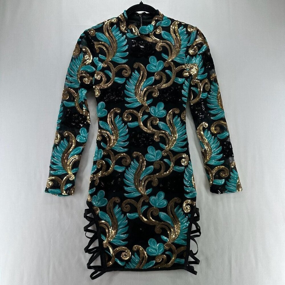 Fashion Nova Dress Size  XS Caprice Sequin Strap Side Bodycon Long Sleeve Black - Picture 2 of 12